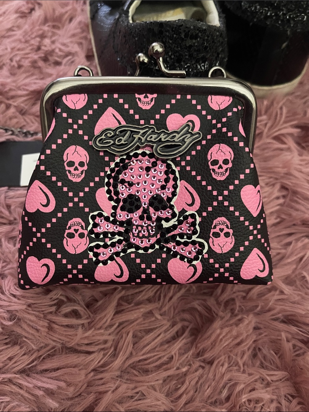 Ed Hardy Black & Pink Studded Skull Kiss-Lock Coin Purse